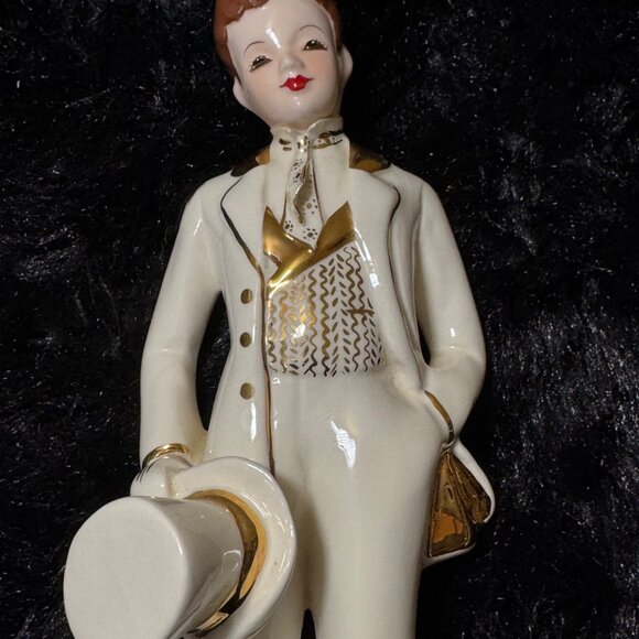 Vintage Florence Ceramic Man In White Tuxedo Gold Accents & Top Hat Figurine - Picture 2 of 6